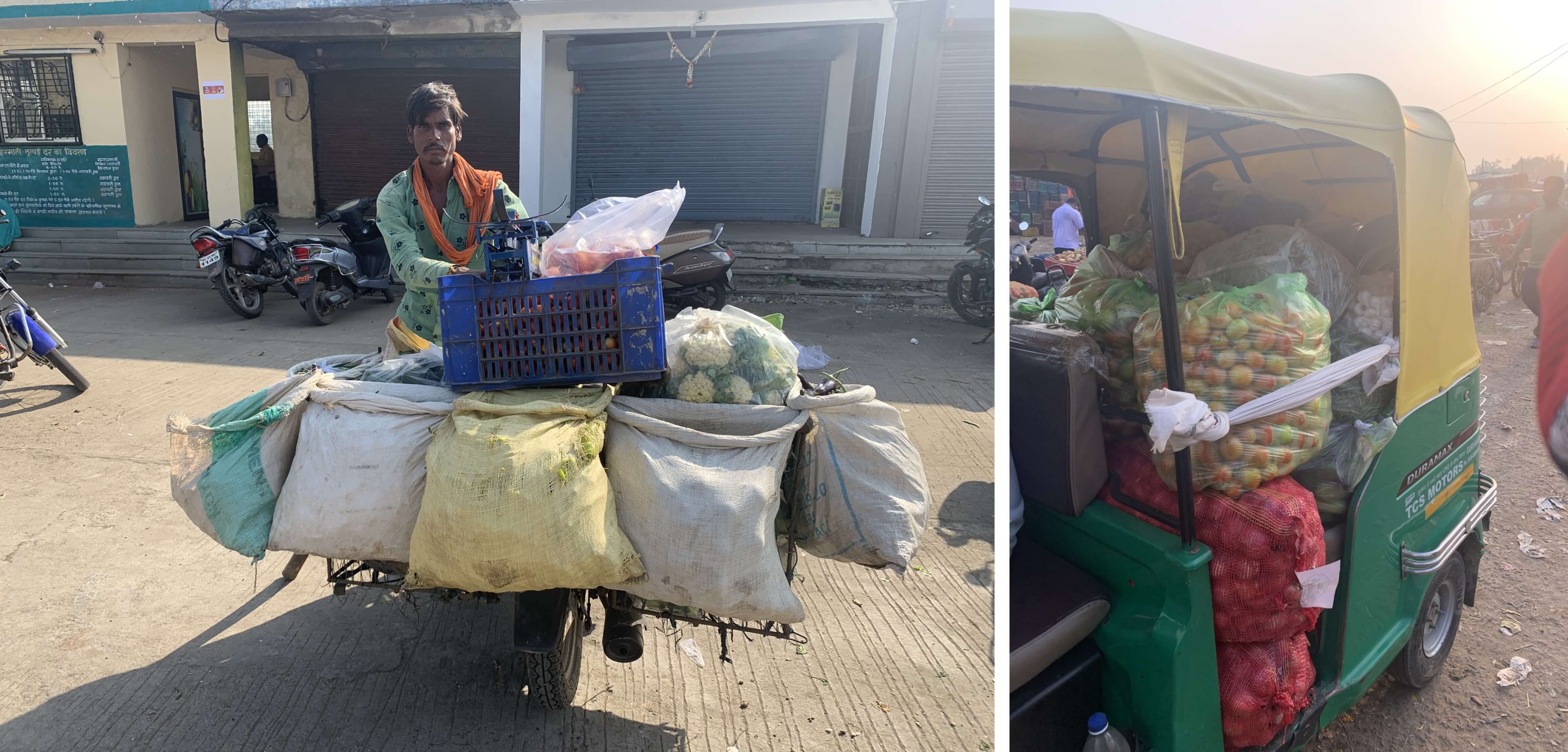 A retailer loads his motorcycle with fresh fruits and vegetables from a local mandi to sell in nearby areas (left) and tomatoes packed in polythene bags ready to be carried to retail vendors (right).