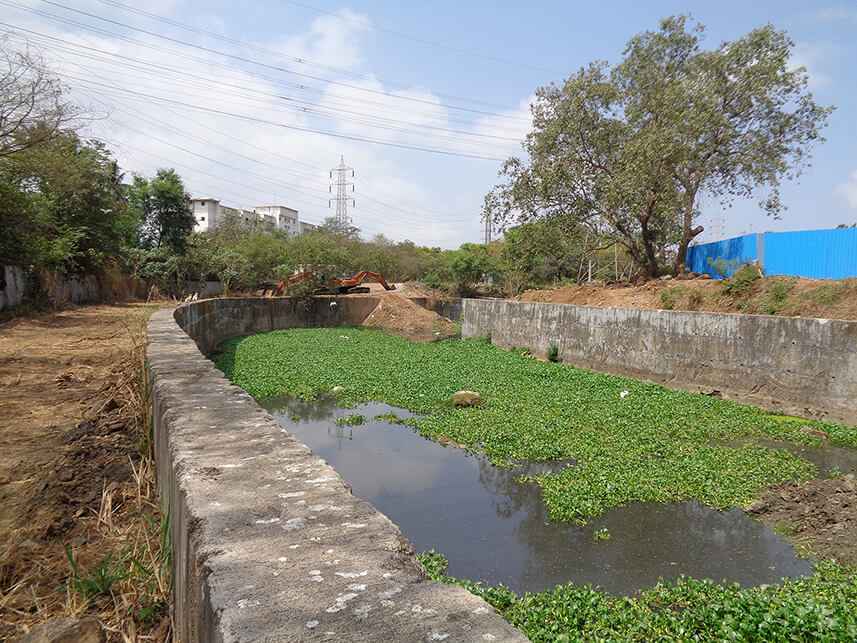 Training of the river using retaining walls, typically seen along the Mithi.
