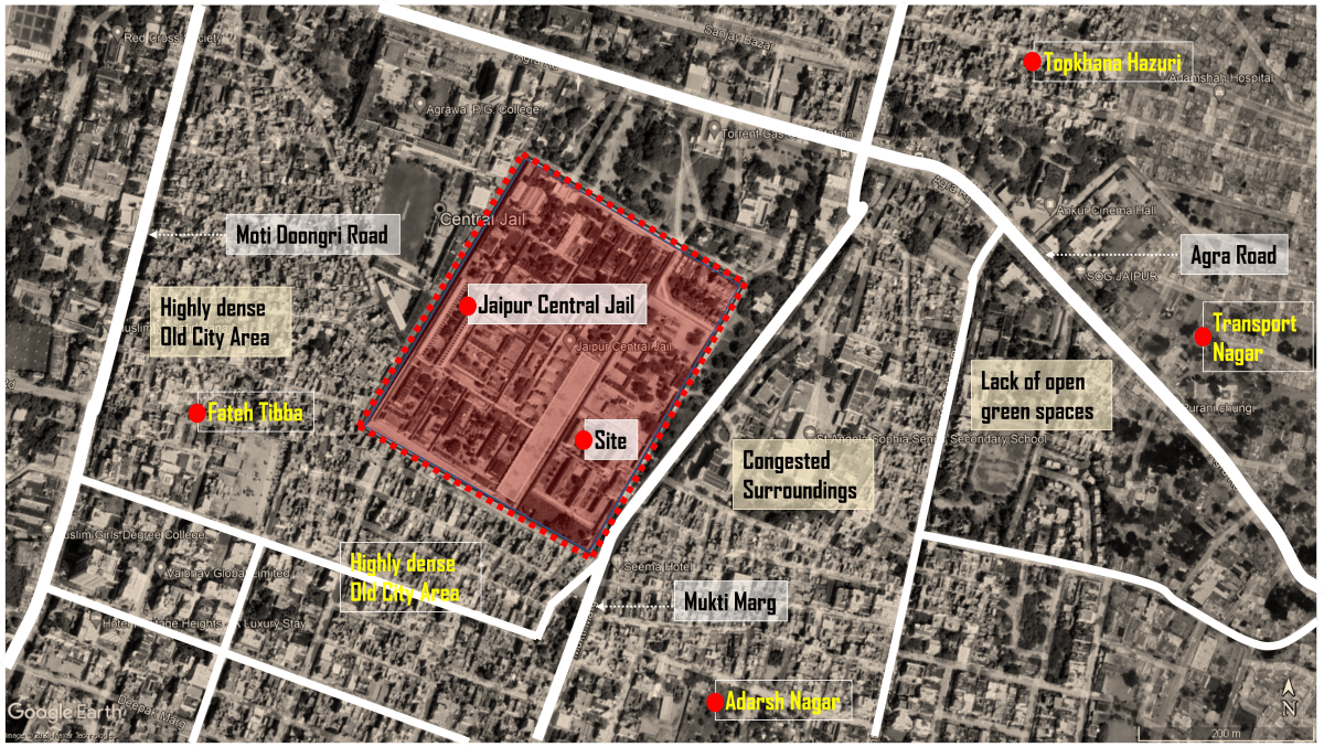  The Jaipur Central Jail Campus is located within an area having high urban density and low green cover. Mapping by: Himanshi Kapoor/WRI India.