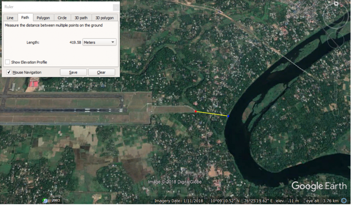 Map showing the proximity of Cochin International Airport to the Periyar river and its floodplains. Google Earth
