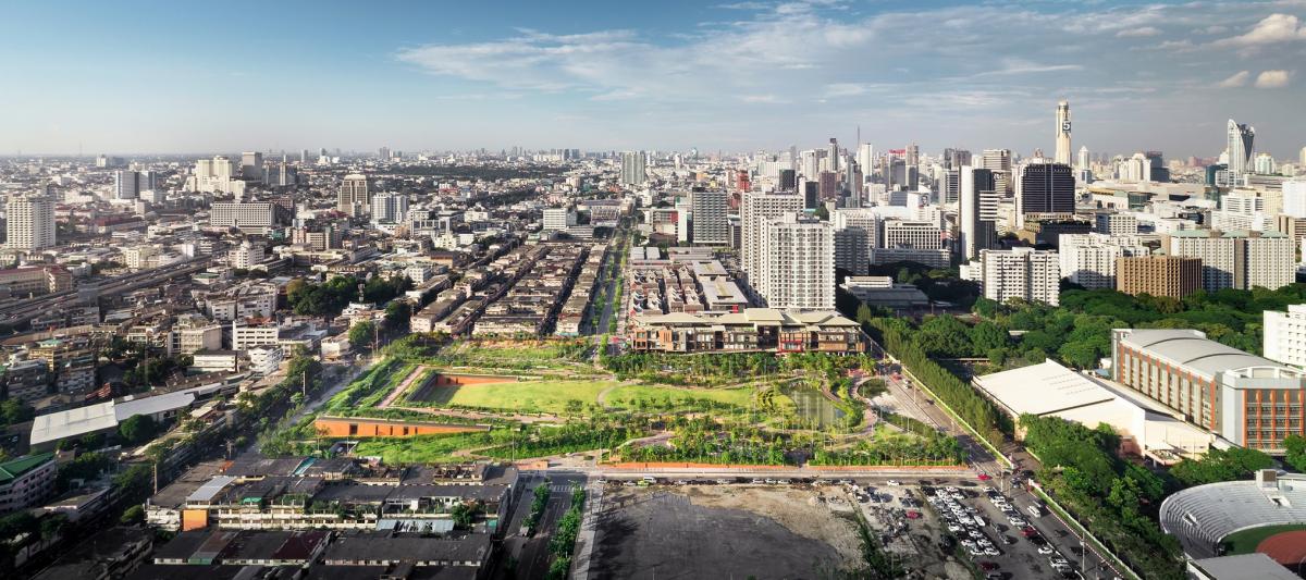 An 11-acre rooftop park in Bangkok’s commercial district directs runoff into a retention system reducing pressure on underground drainage and sewer systems