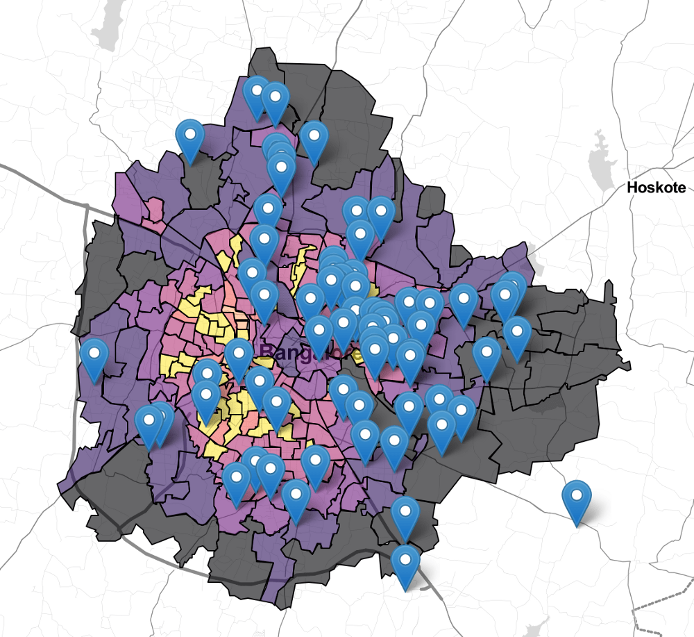 Bengaluru map with areas served by relief riders.